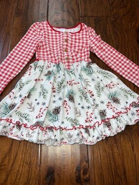 Girls Red Gingham Top Holiday Pinecone Skirt Dress